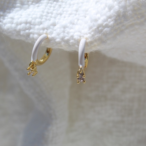 Sterling Silver White Enamel Hoop Earrings with Simulated Diamond - Picture 5 of 11